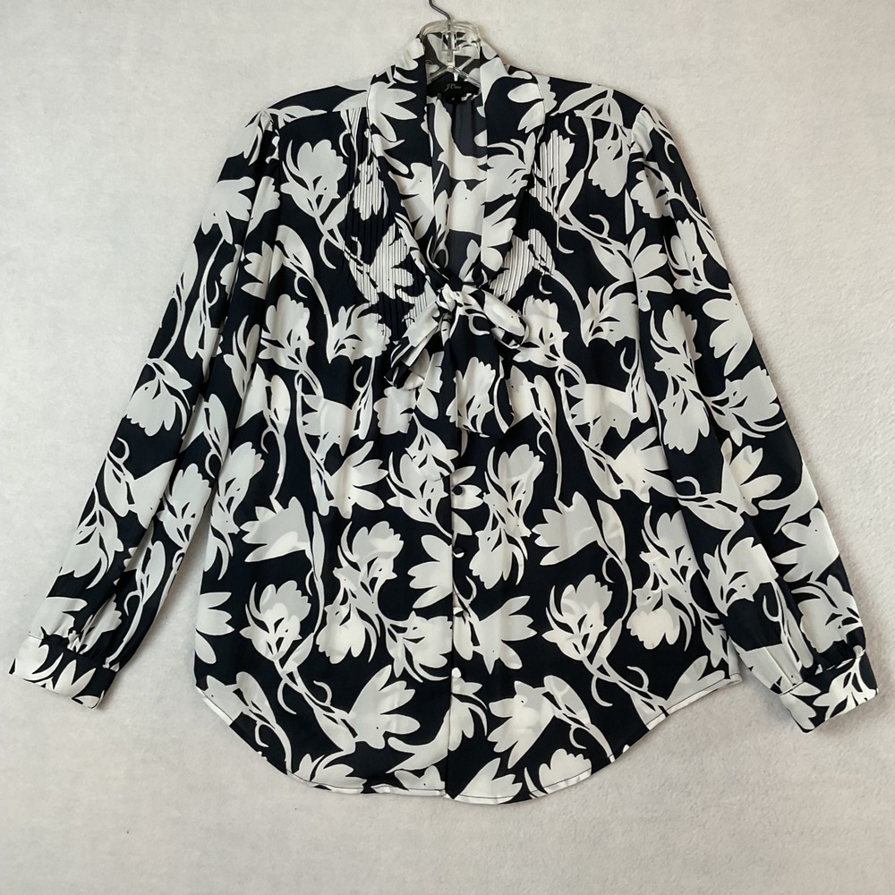 J.Crew Black White Floral Bow Tie Neck Blouse Pintuck Long Sleeve Top Size 2
